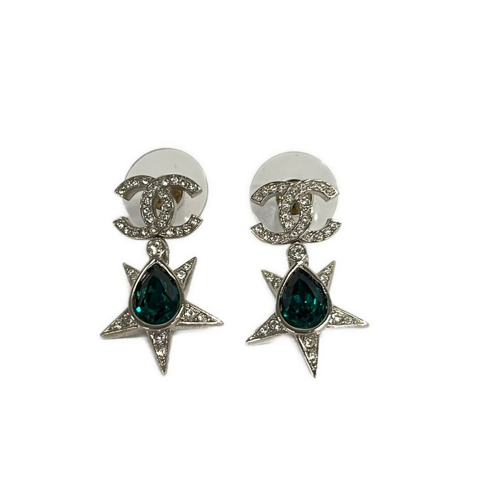 Chanel Coco Earrings Silver Green Hardware Color Stone Rhinestones
